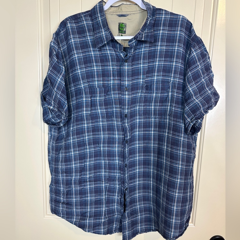 Timberland blue linen blend‎ plaid button up shirt sz XL